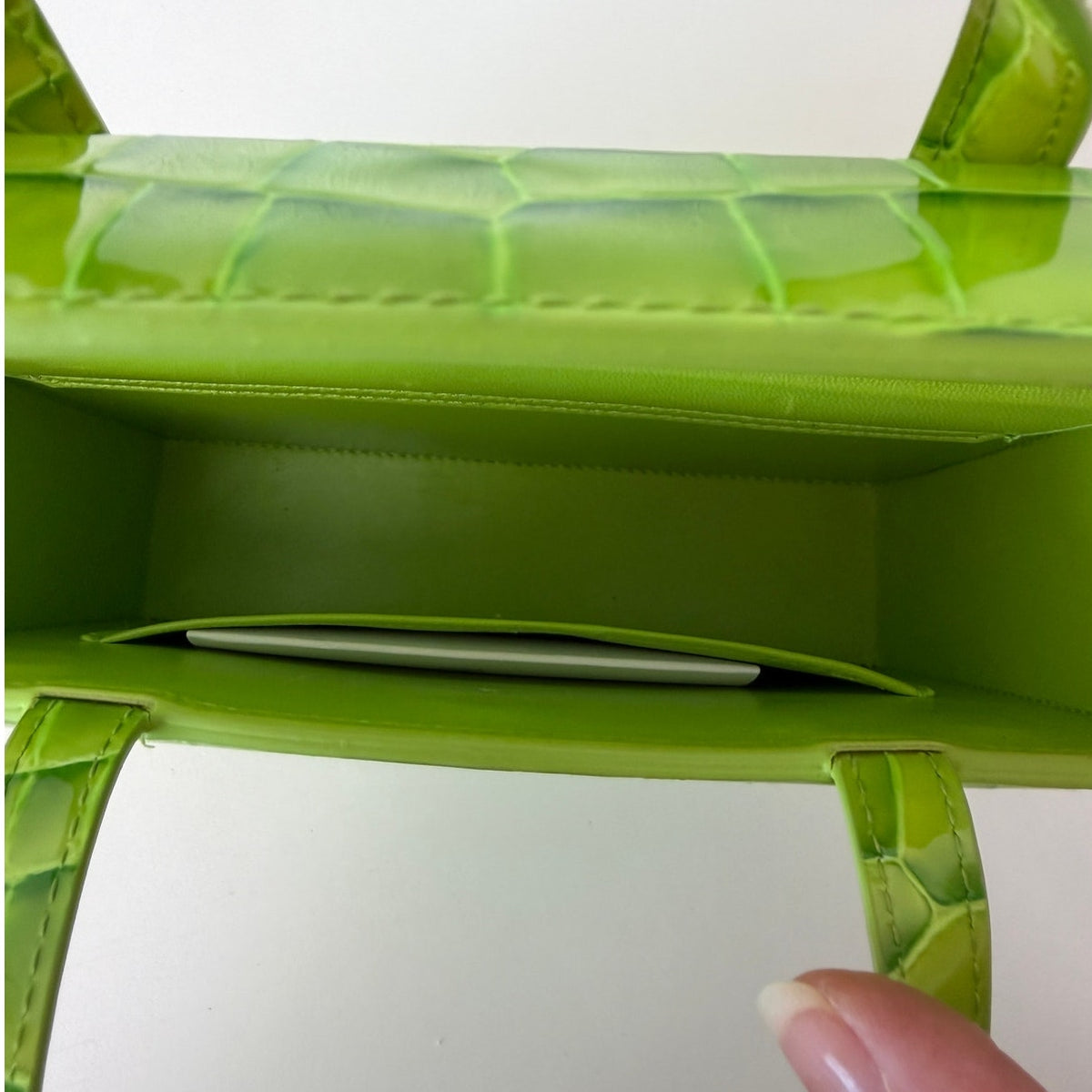 EUC Amina Muaddi Mini Croc Embossed Lime Green Leather Top Handle Bag