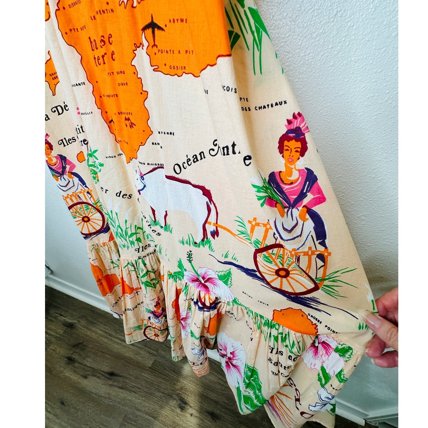 UO Sunkissed Printed Poplin Tropical Floral Flowy Pleated Ruffle Maxi Sundress M