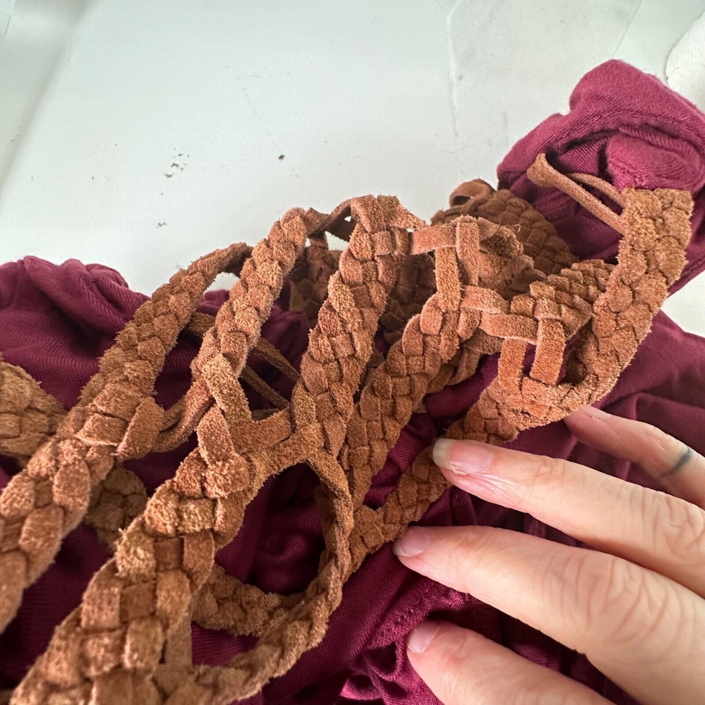 Sky Burgundy Scoop Neck Hand Braided Leather Design Back Strap Flowy Dress XS
