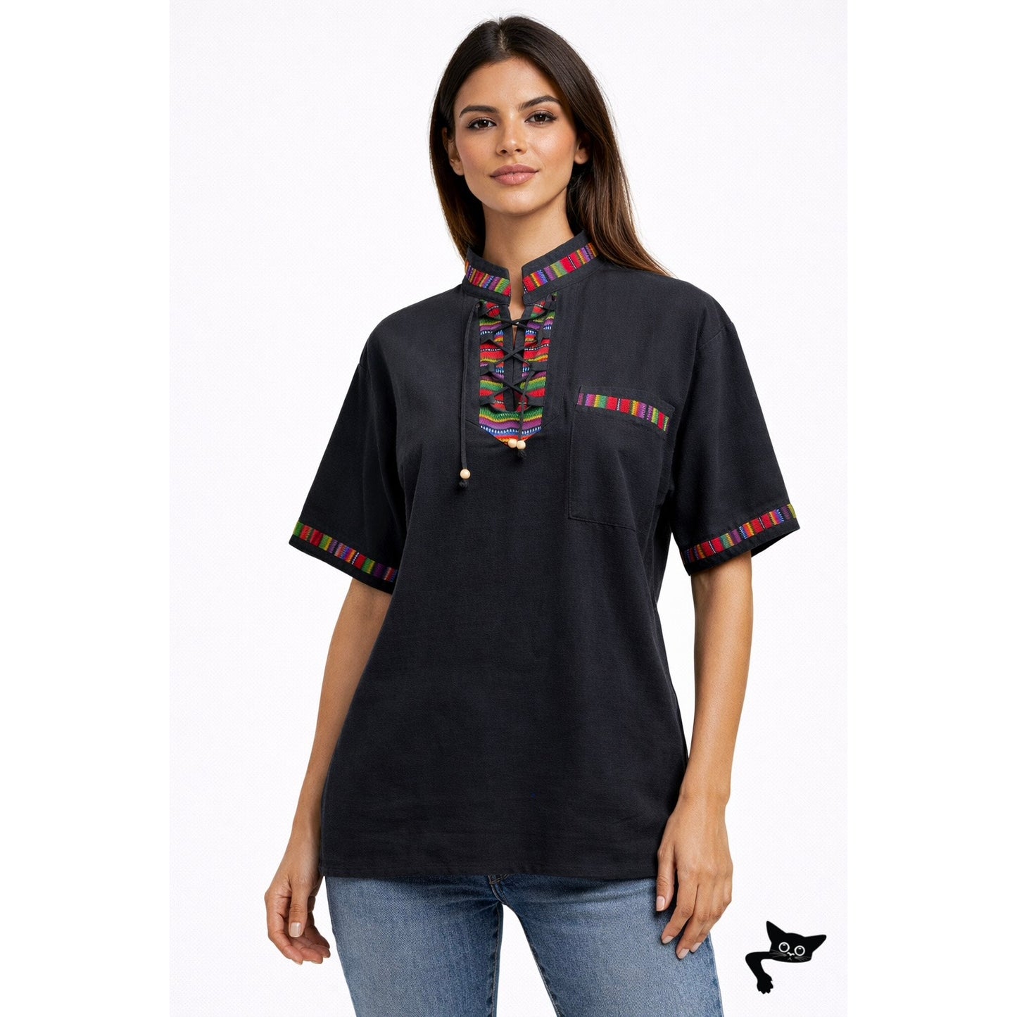 Black Boho Tunic Blouse Woven Trim Lace-Up V-Neck Women’s S