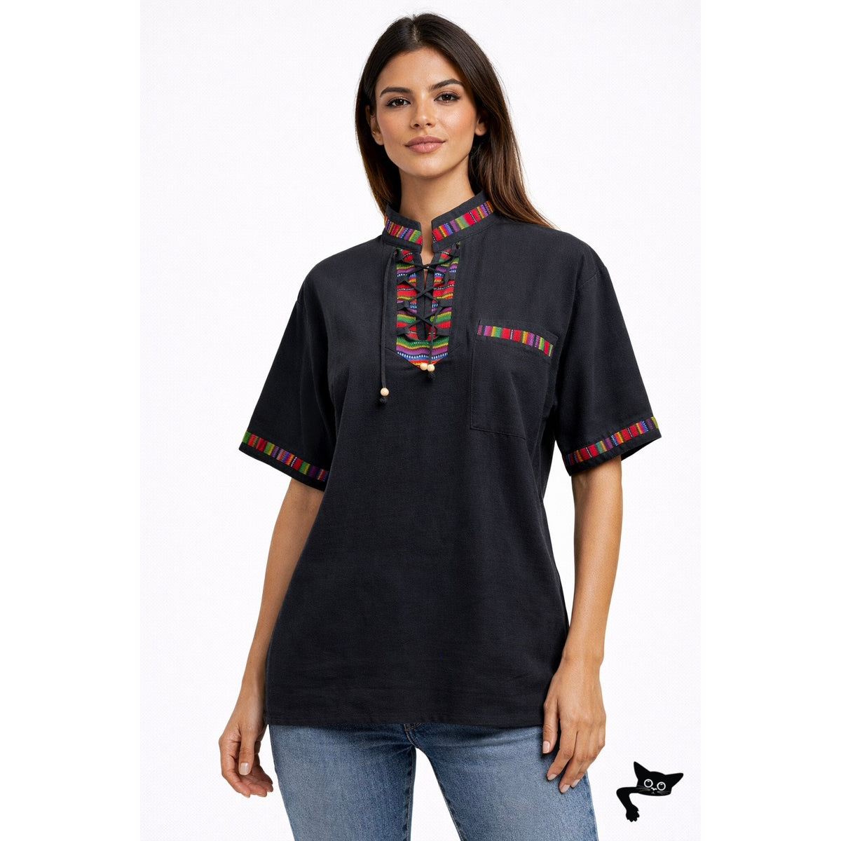 Black Boho Tunic Blouse Woven Trim Lace-Up V-Neck Women’s S
