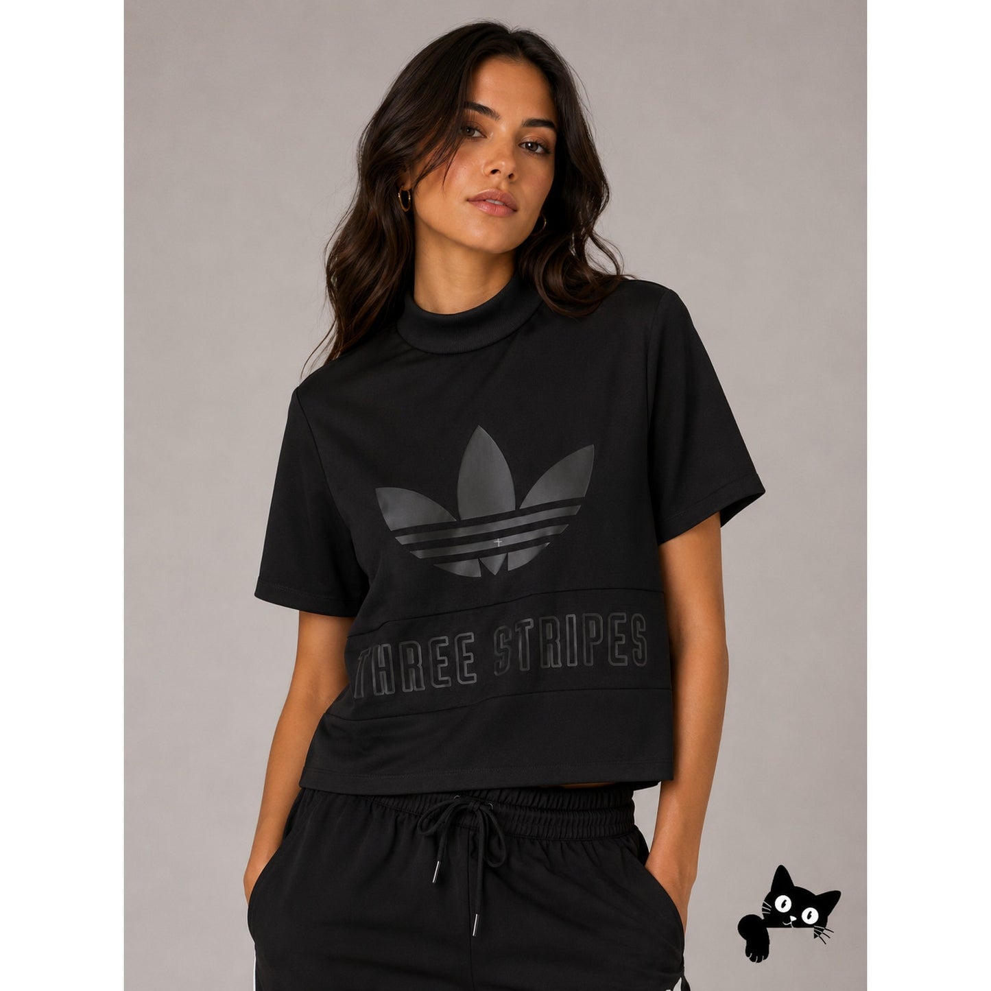 Adidas Black Trefoil Three Stripe Graphic Mock Neck Back Zip Short Sleeve Top S