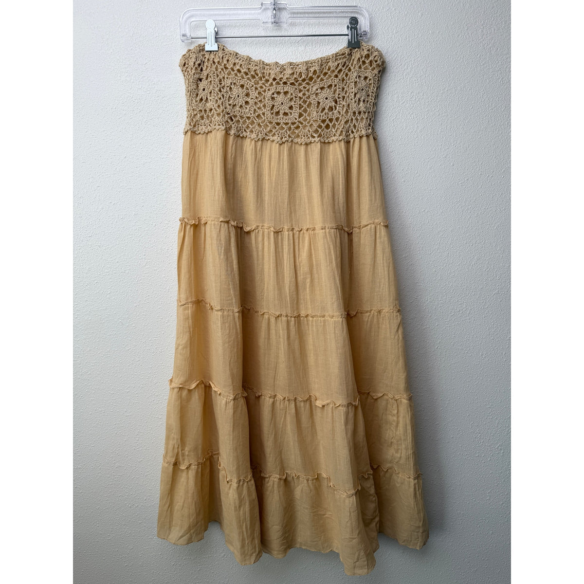 GUC Beige Crochet Waist Cotton Tiered Maxi Skirt Women