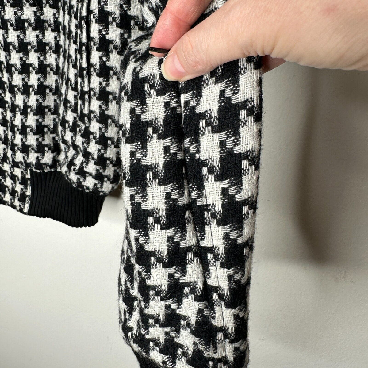 Philip Ayler White Black French Tweed Houndstooth Black Trim Zip Bomber Jacket