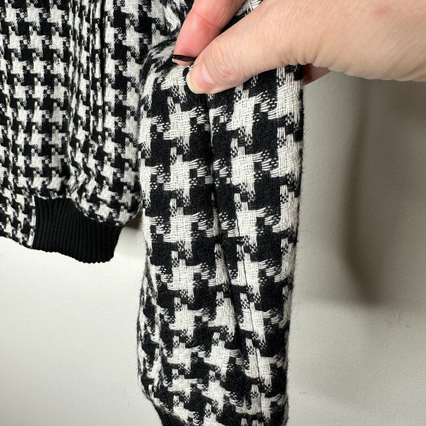 Philip Ayler White Black French Tweed Houndstooth Black Trim Zip Bomber Jacket