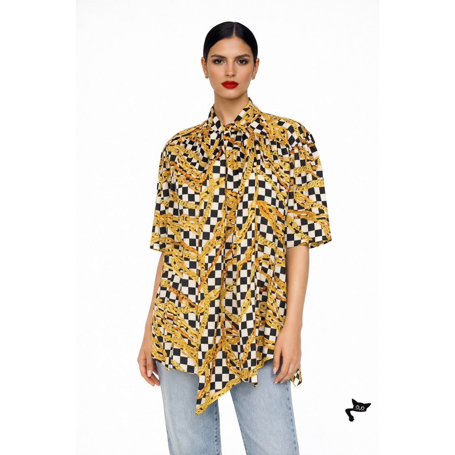 Balenciaga Black White Gold Checked Chain Print Short Sleeve Tie Neck Blouse 40