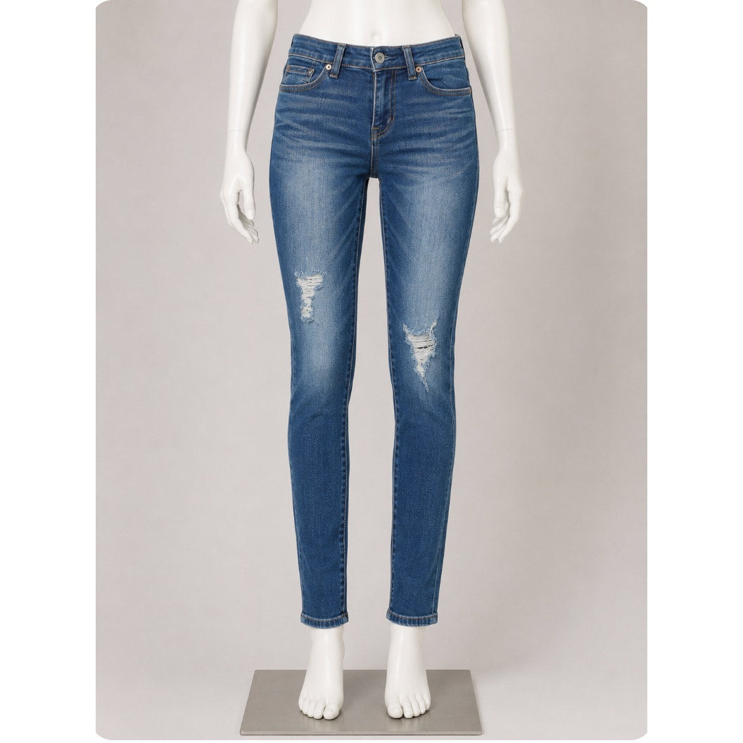 Madewell Mid Rise Skinny Medium Blue Wash Whiskered Distressed Knee Jeans 25