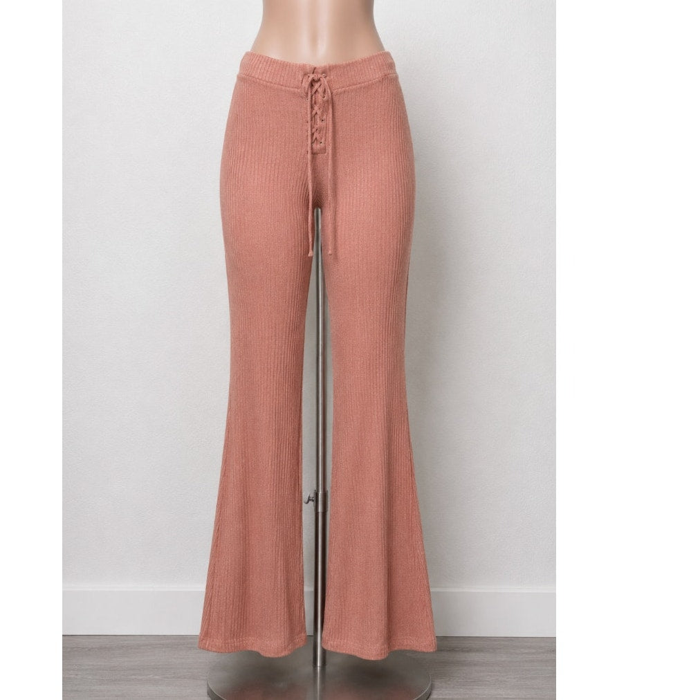 NWT Topshop Comfy Peach Ribbed Knit Flare Leg Lace-Up Front Tie Legging Pant 6