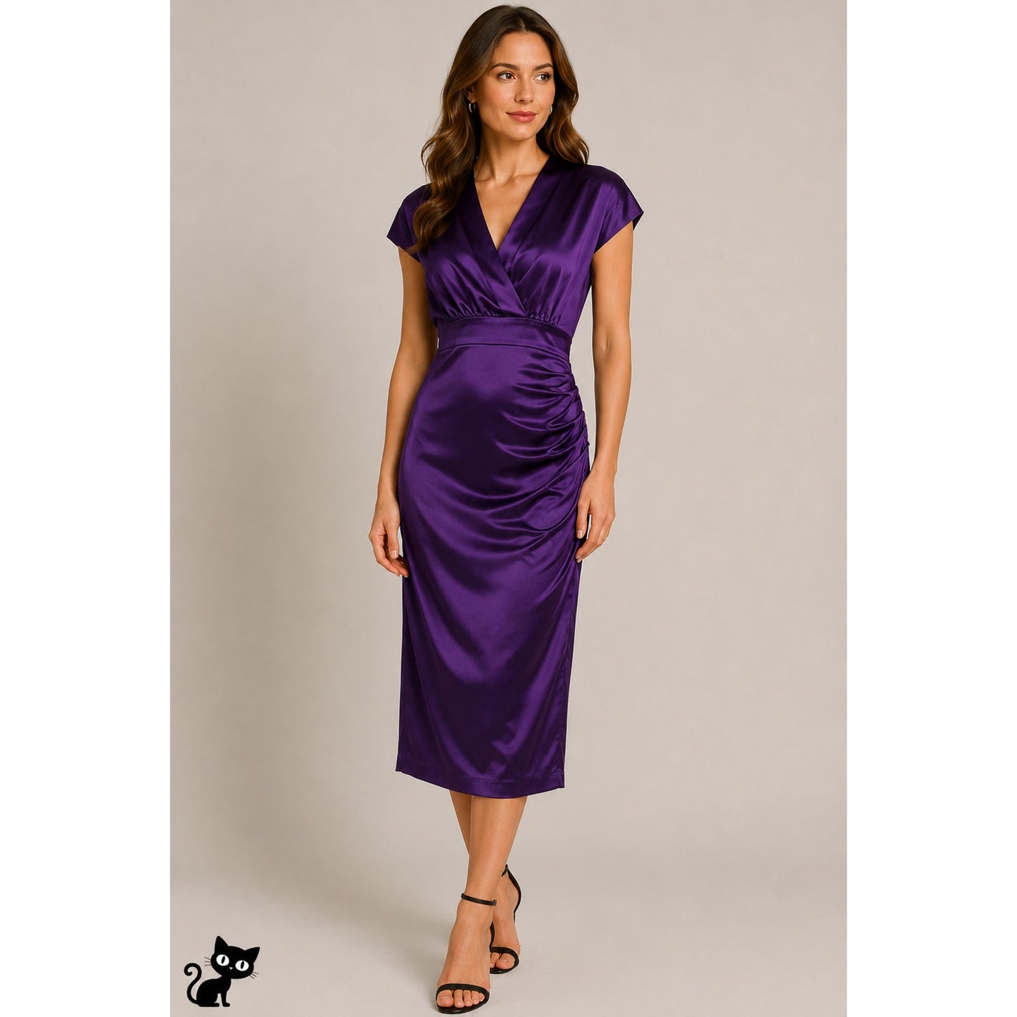 Xscape by Joanna Chen Purple Satin Faux V Neck Cap Sleeve Midi Dress 6