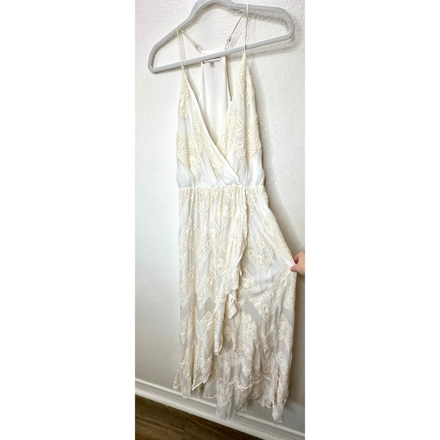 Lavender Brown Cream Willow Ruffle Embroidered Tulip Midi Dress L