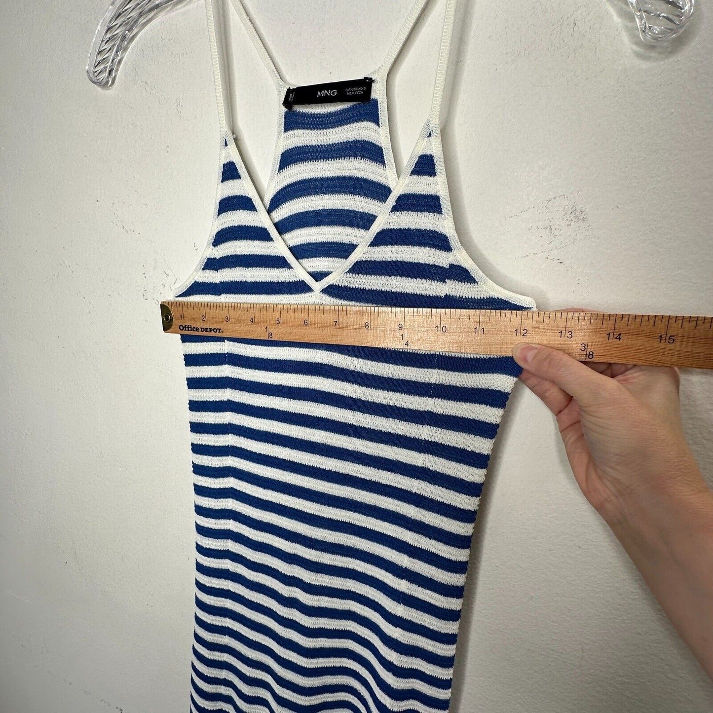 MNG White & Blue Striped Fine Knit V-Neck Thin Straps Maxi Stretch Dress XXS