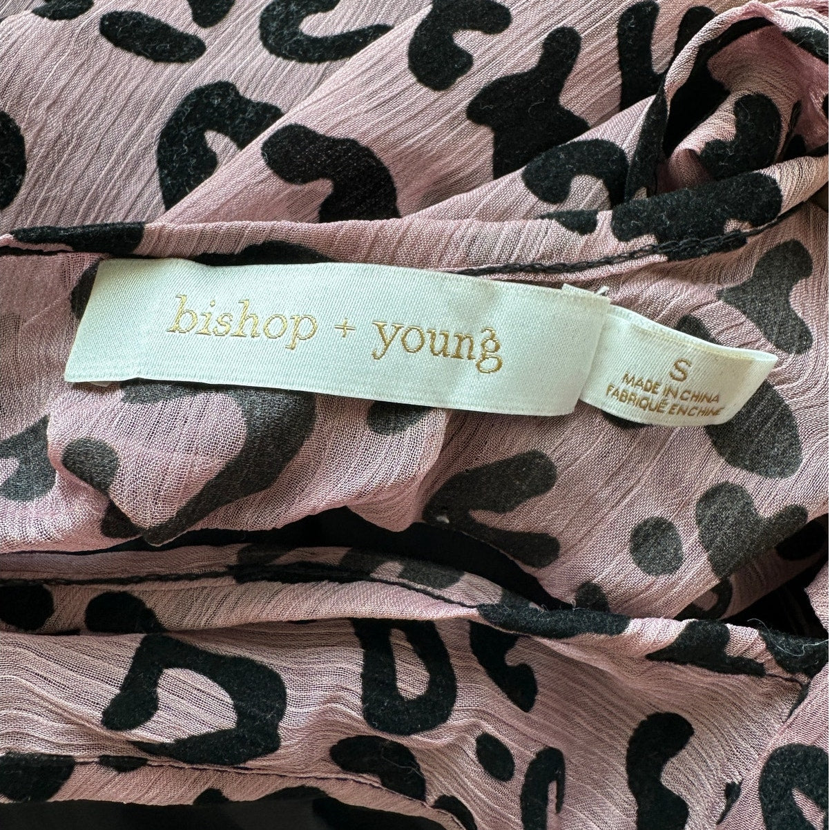 Bishop + Young Dusty Pink & Black Cheetah Print Tie Neck Blouse S