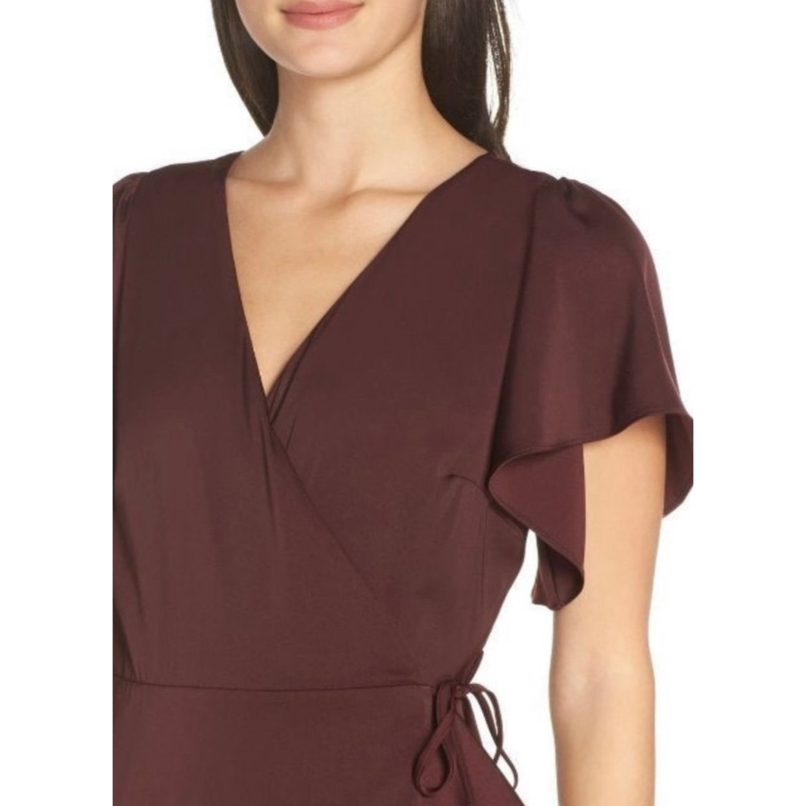 Chelsea28 Burgundy Maroon Flutter Sleeve Ruffle V-Neck Wrap Dress S