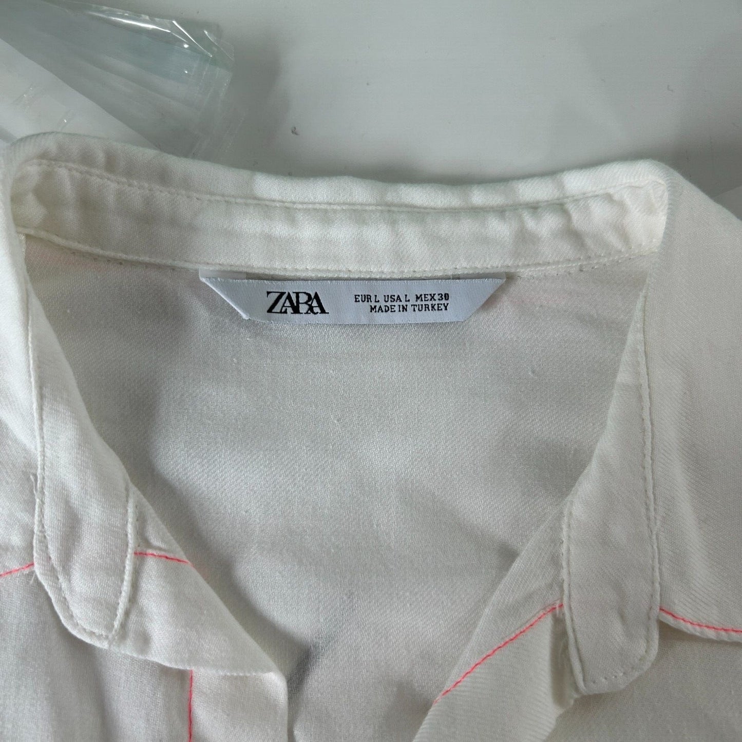 Zara Off White Hot Pink Stitching Button Down Long Sleeve Collared Shirt Large
