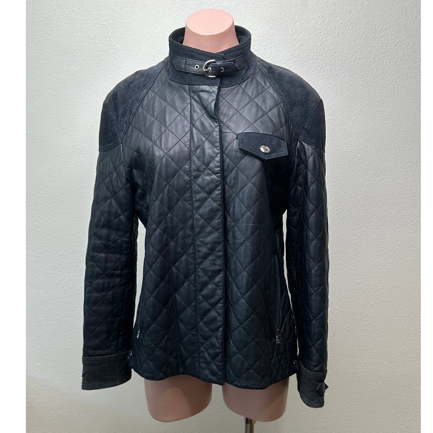 Coach Quilted Leather Jacket Black Women M Suede Trim