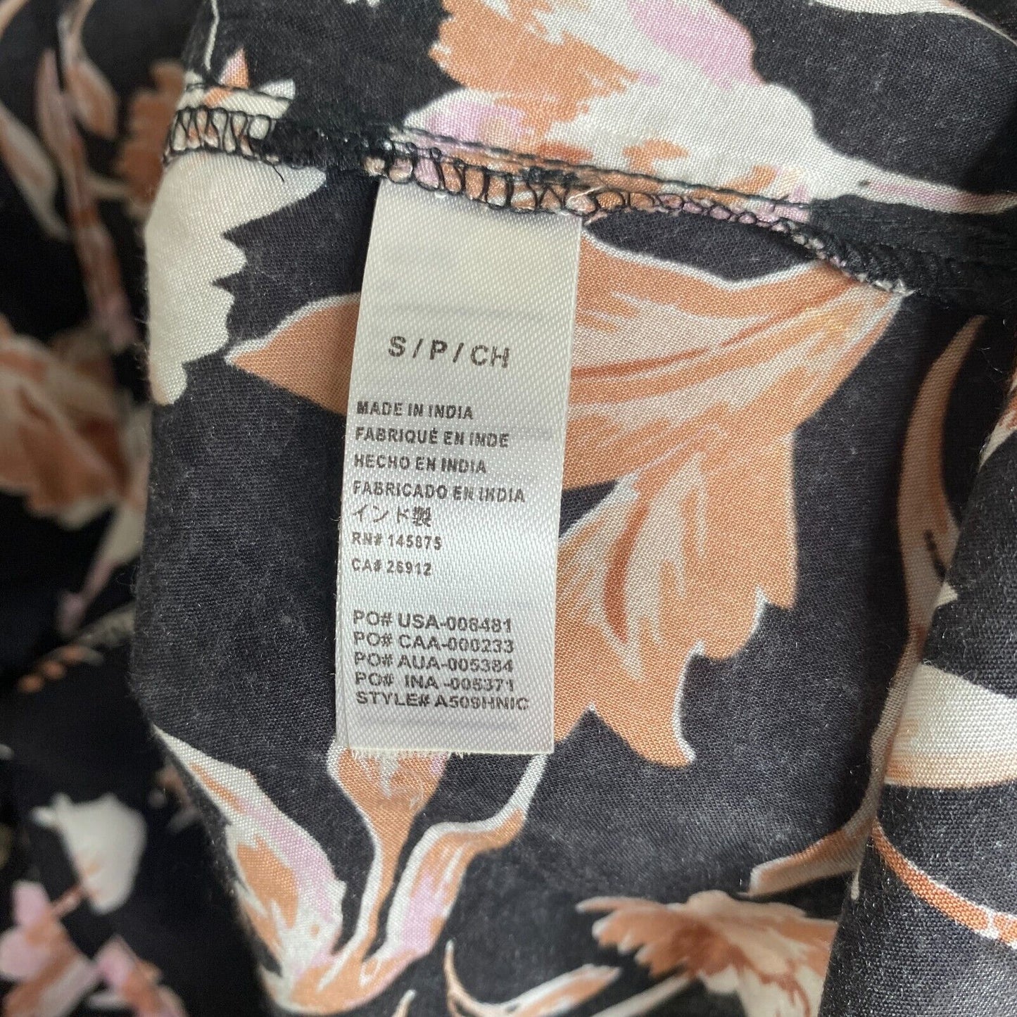 NWT Amuse Society Black Peach Pink Floral Long Bell Sleeve VNeck Boho Blouse SM
