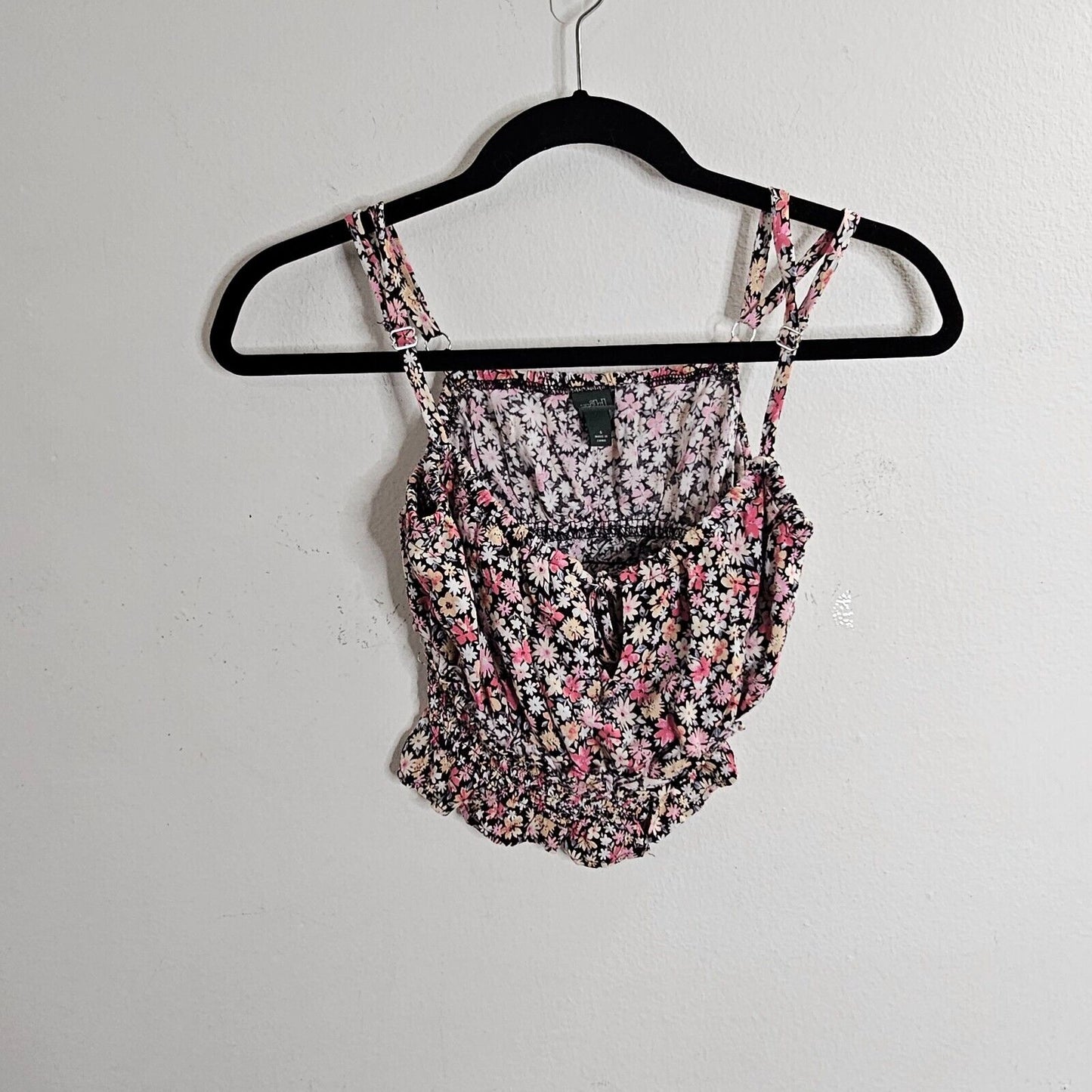 Wild Fable Black Pink Yellow Floral Keyhole Front Ruche Ruffle Crop Top Small