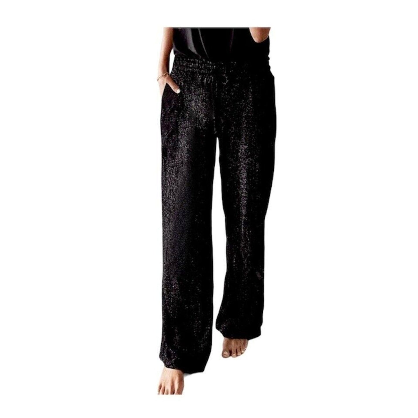 Elaine Field Black Metallic Shimmer & Sheer Mesh Tie Waist Slash Pocket Pants 1