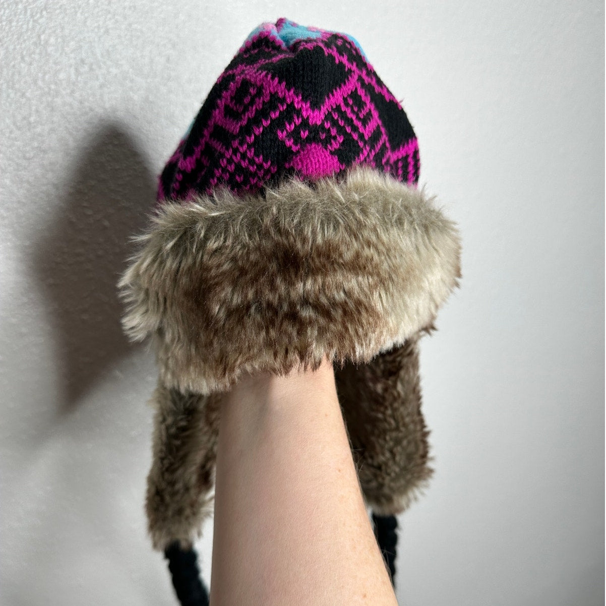Billabong Pink Black Blue Knit with Faux Fur Trapper Hat OS