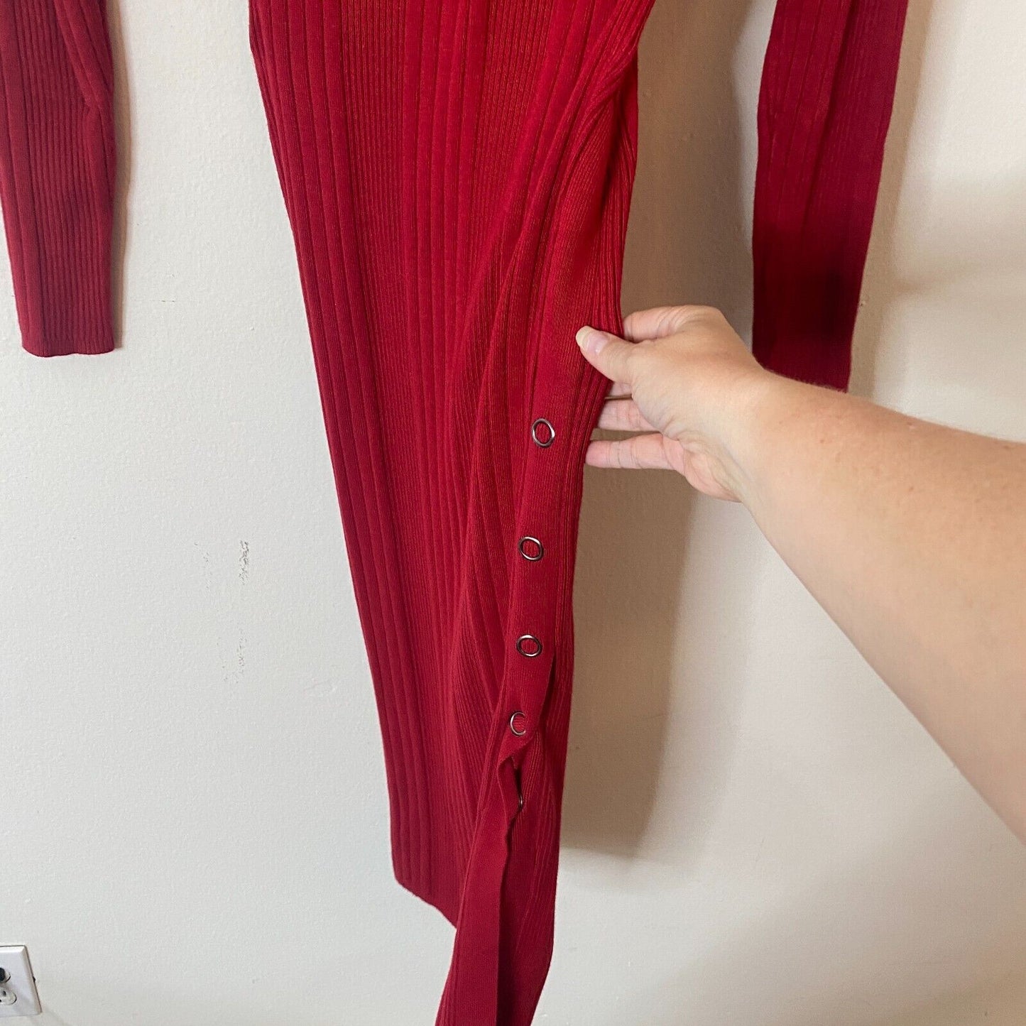 Guess Red Asymmetric Turtle Neck Bodycon Midi Sweater Dress Side Buttons XS