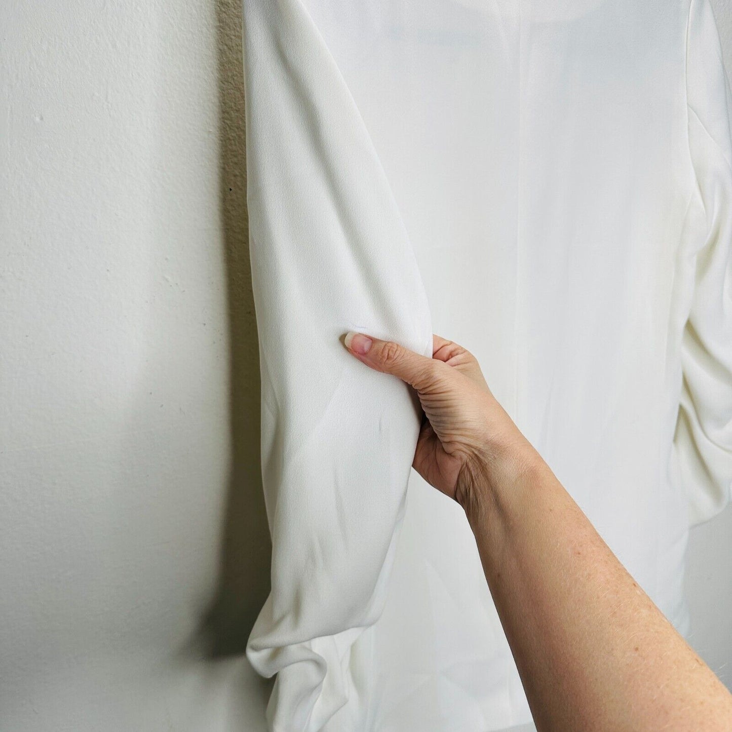 H&M Cream Linen Blend Fitted Blazer Jacket Hook & Eye Front 3/4 Ruched Sleeves 4