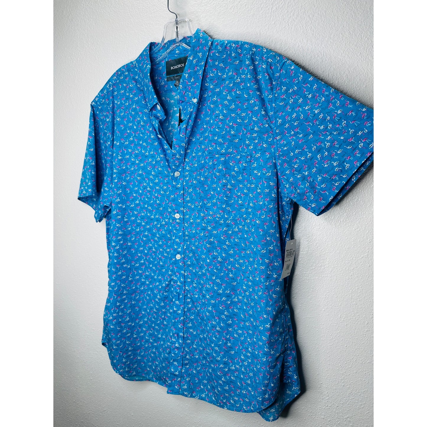 NWT Bonobos Blue with Tiny Pink & White Flamingos Button Shirt XL