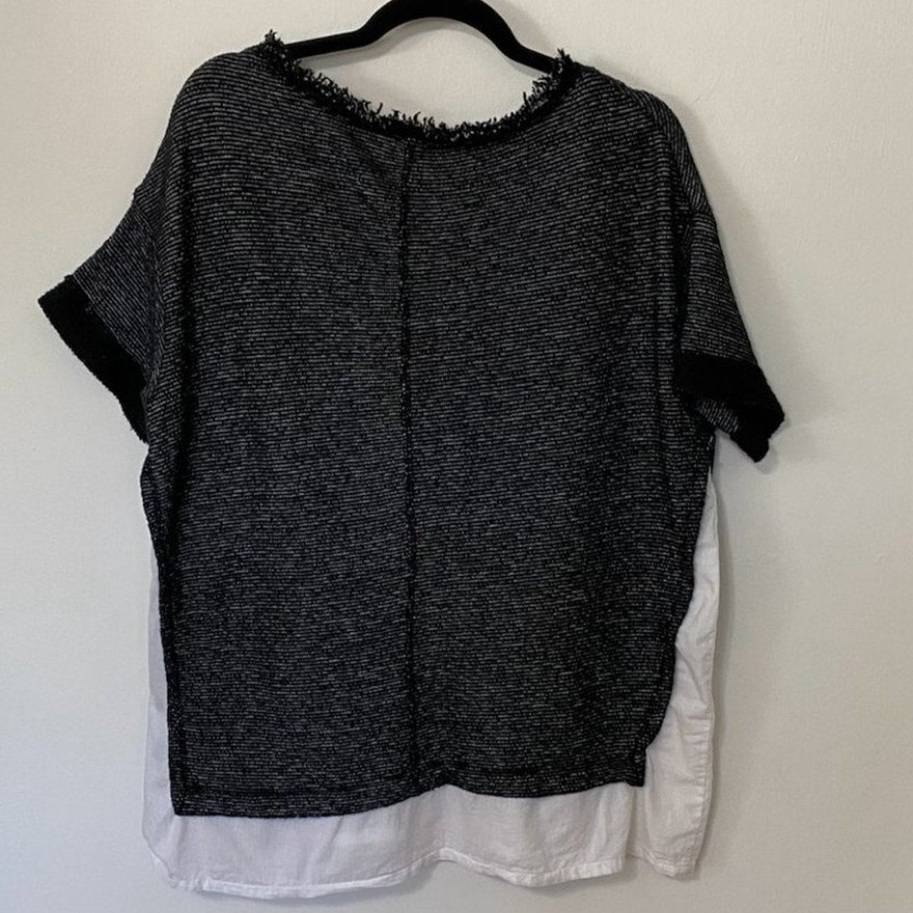 Caslon Black White Color Block Boxy Crewneck Woven Hem Striped Texture Top M