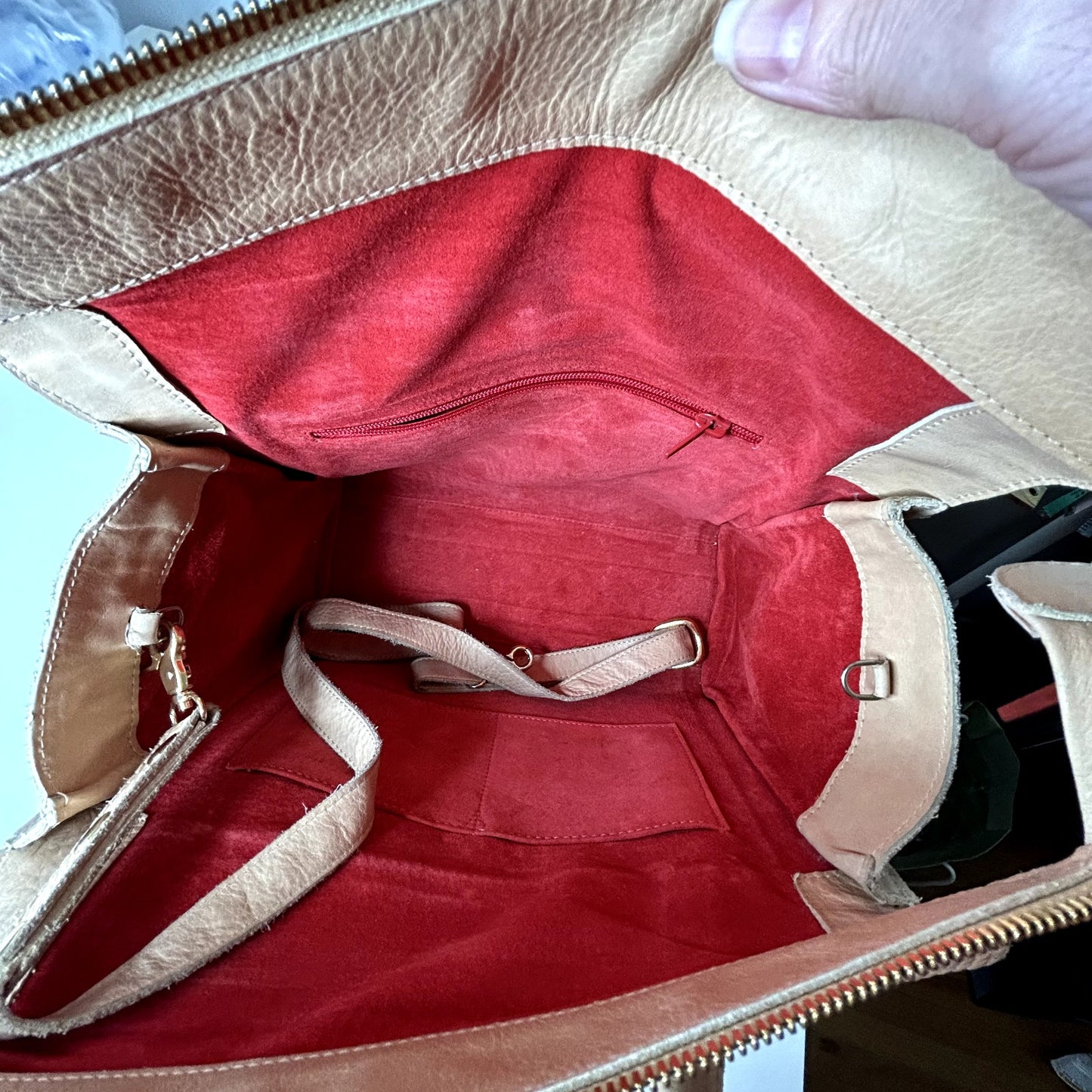 Hammitt Cream Leather Satchel Front Zip Pocket Red Interior Purse Leather Handle