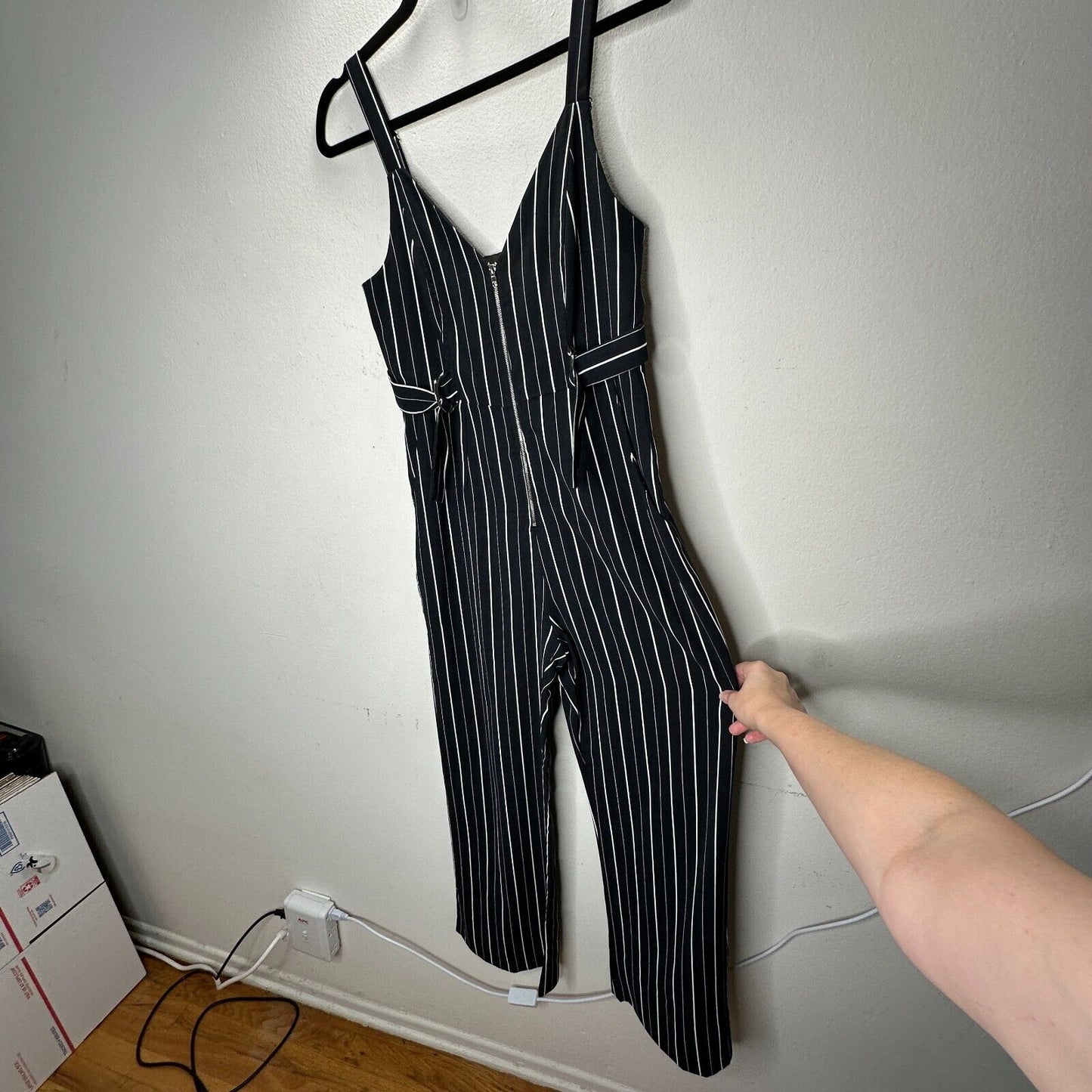 Dance & Marvel Black & White Pinstripe Cinched Sides Wide Leg Front Zip Jumpsuit