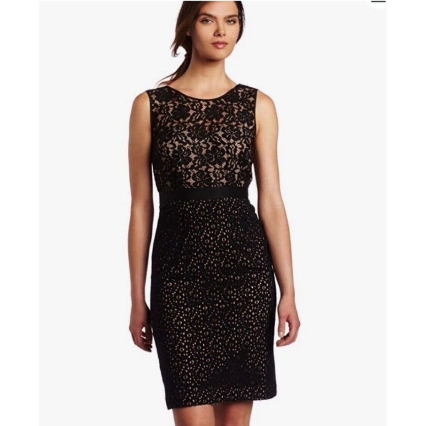 BCBGMAXAZRIA Black Lace Nude Lining Alice Dress Sleeveless Round-Neck Zip Back 2