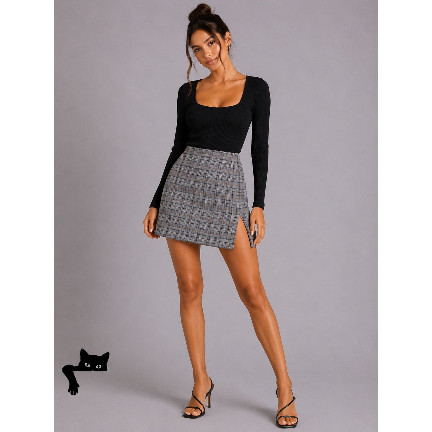 NWT Windsor Gray & Orange Plaid Print High Waist Side Slit Stretch Mini Skirt S