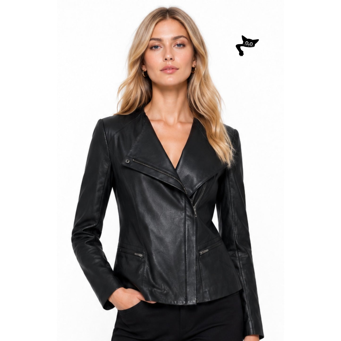 Veda Black Genuine Leather Moto Biker Jacket Women's Medium