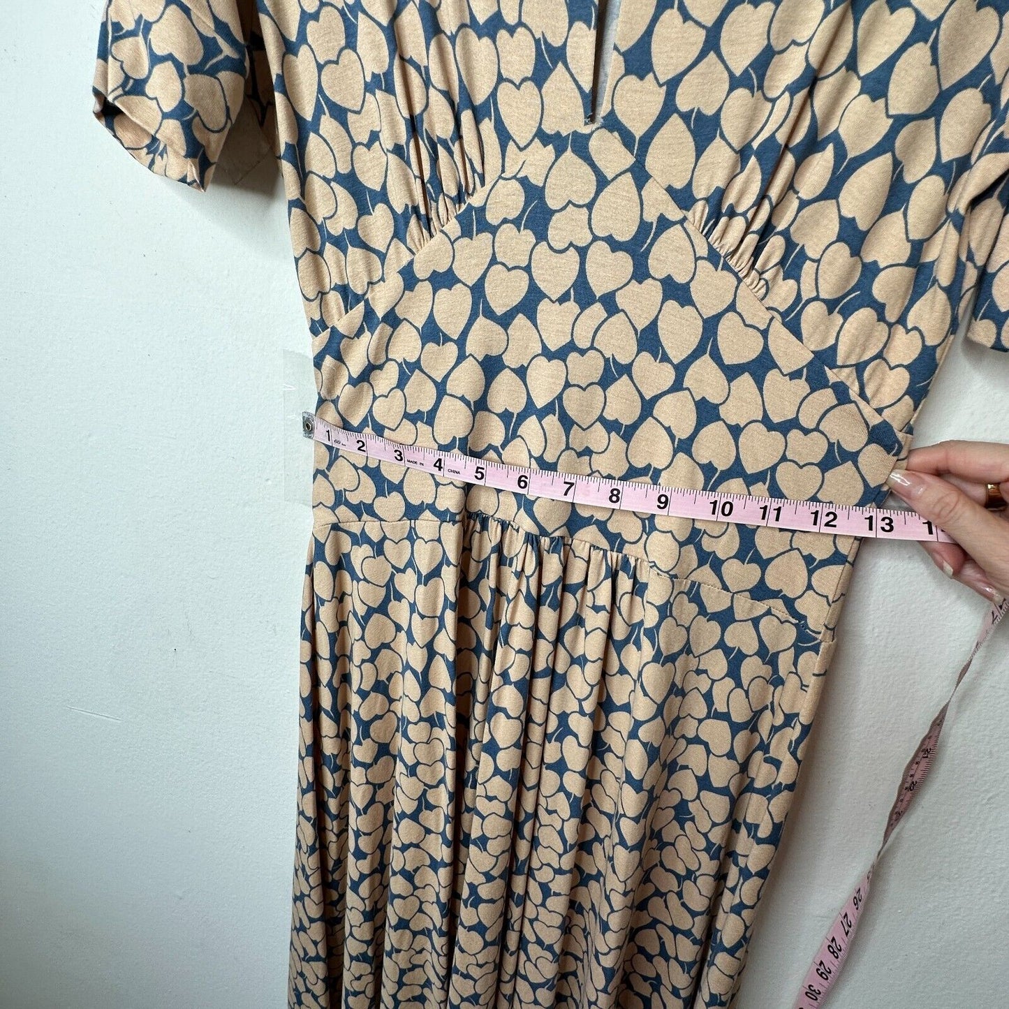 Maria Bonita Extra Blue & Tan Heart Keyhole Front Short Sleeve Mid Dress Med