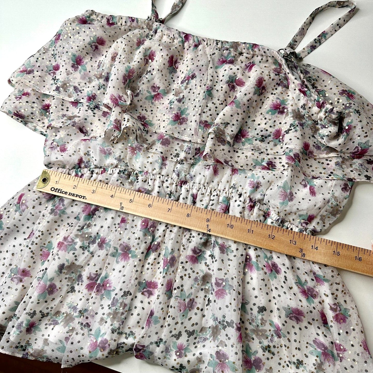 NWT Ella Moss White Purple Gold Metallic Dot Spaghetti Strap Ruffle Top L