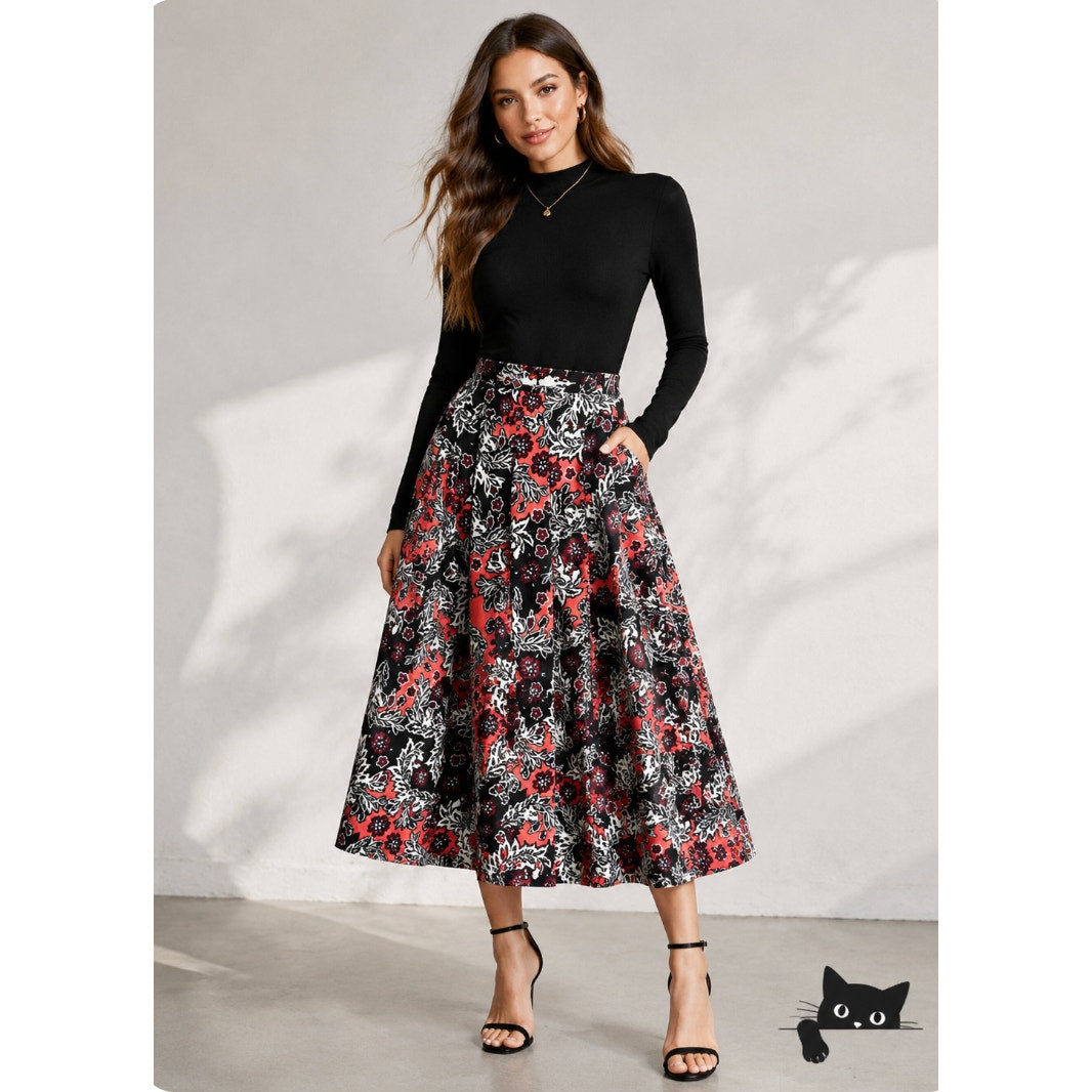 NWT H&M Flare Floral Print Peach Black & White Pleated Midi-Skirt Pockets 2