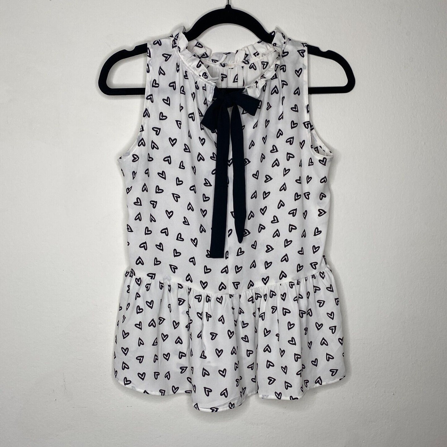 Loft White Peplum Top Black Hearts Sleeveless Ruffle Tie Neck and Ruffle Hem XSP