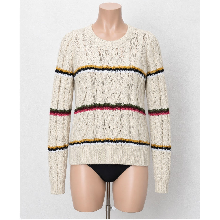 Veronica Beard Bruna Cream Black Multi Stripe Chunky Knit Long Sleeve Sweater M