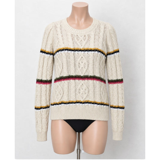 Veronica Beard Bruna Cream Black Multi Stripe Chunky Knit Long Sleeve Sweater M