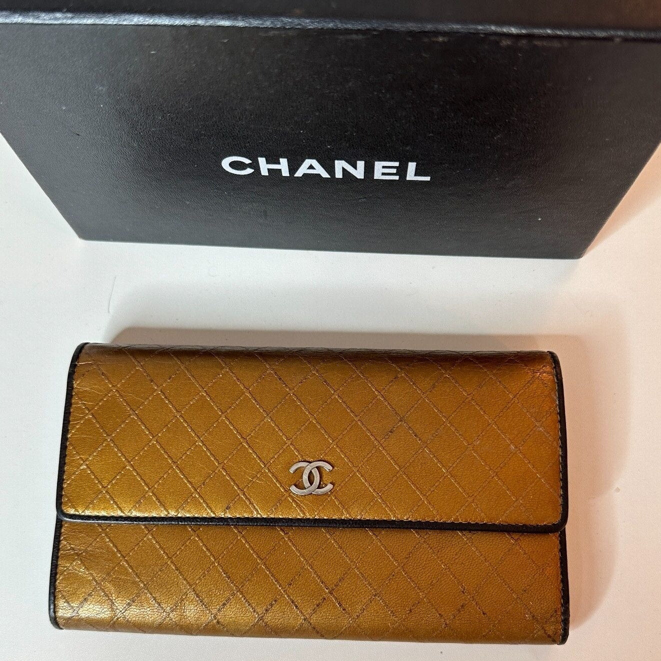 Authentic Chanel Tri-Fold Wallet Gold & Black Interior Trim Leather gold CC Logo