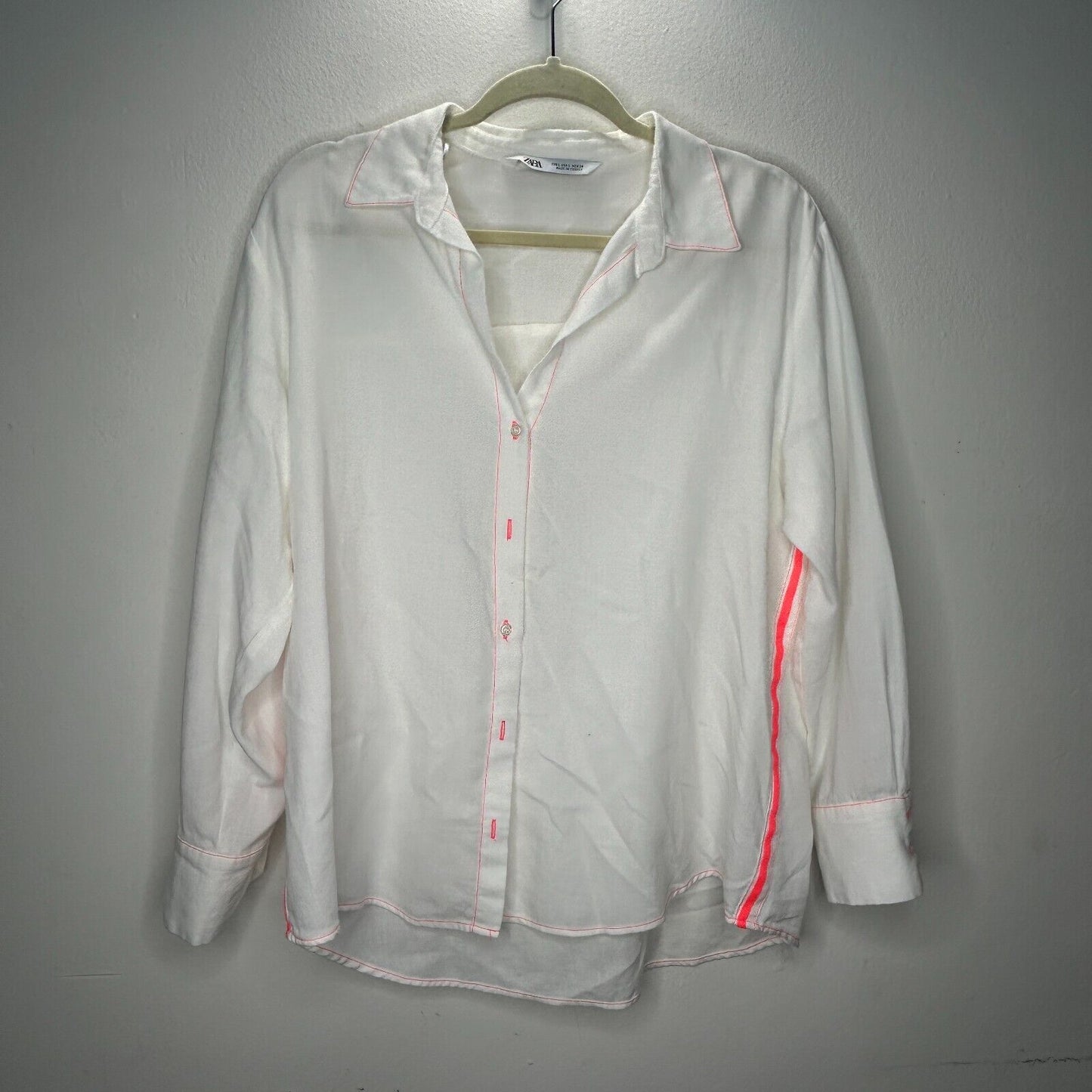 Zara Off White Hot Pink Stitching Button Down Long Sleeve Collared Shirt Large