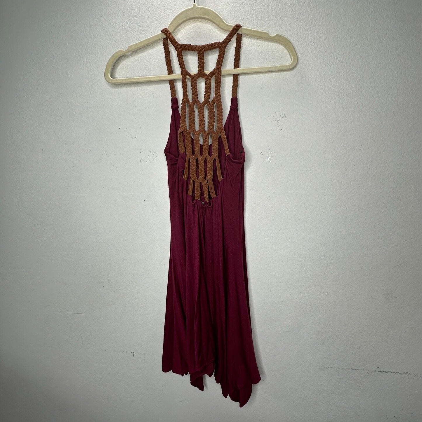 Sky Burgundy Scoop Neck Hand Braided Leather Design Back Strap Flowy Dress XS