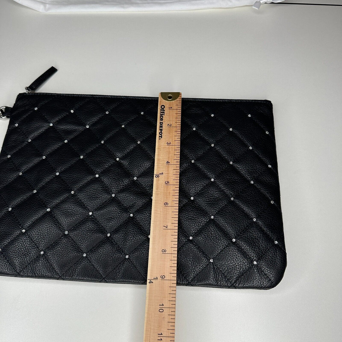 NIB Swarovski Black Quilted Leather & Crystals Zip Close Leather Strap Clutch