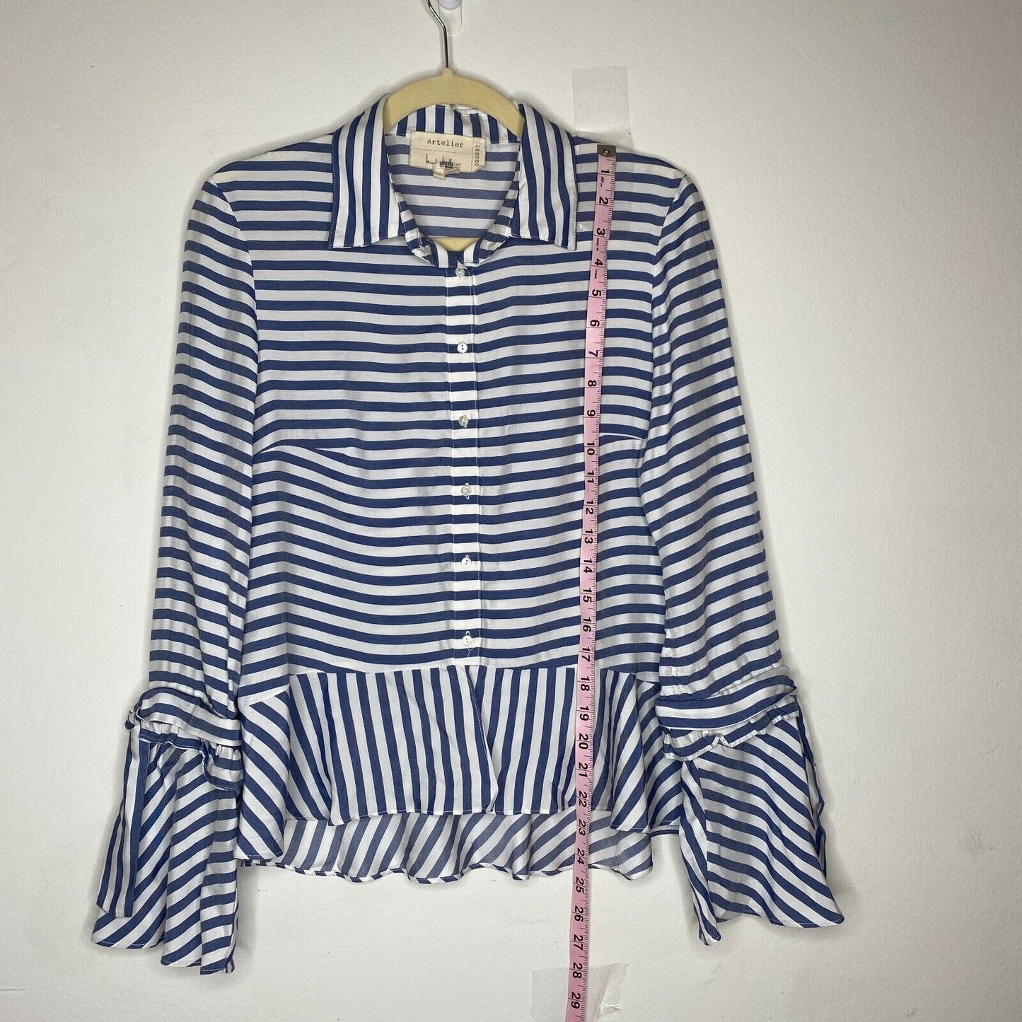 Artelier Blue and White Stripe Collar Button Down Bell Tie Sleeve Blouse XS