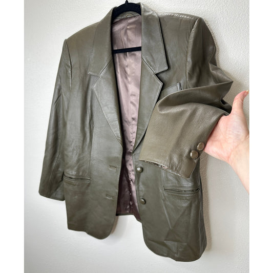 Faux Leather Green Brown Collared Front Button Blazer Jacket XL