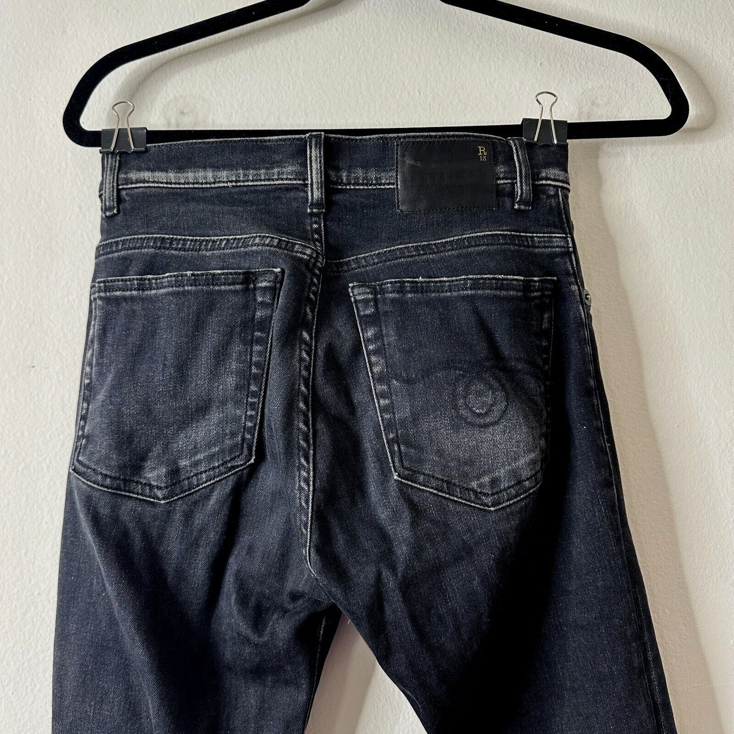 R13 High Rise Aiden Black Stone Wash Skinny Jeans Distressed Knees & Hem Size 26