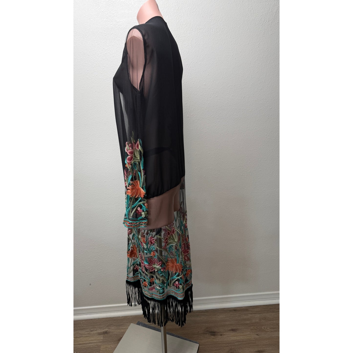 Sheer Floral Embroidered Fringe Kimono Duster Black Women’s M