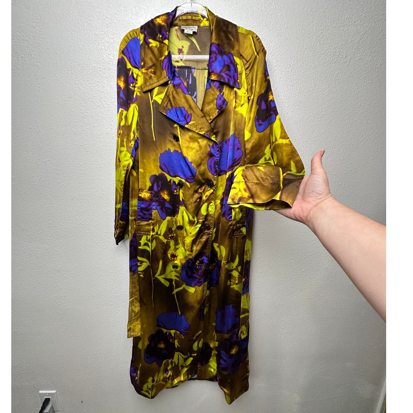 Dries Van Noten floral satin trench coat yellow women US 8 double-breasted
