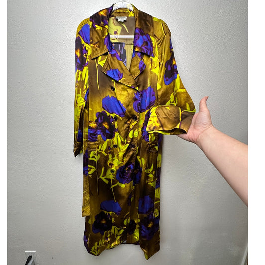 Dries Van Noten floral satin trench coat yellow women US 8 double-breasted