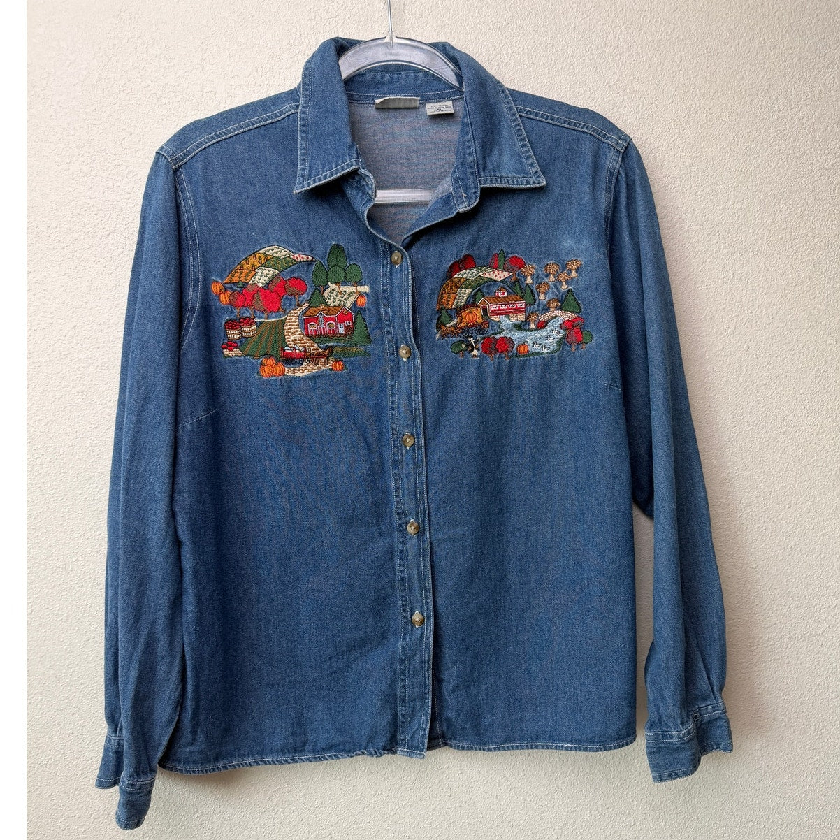 Vintage Cabin Creek Embroidered Denim Shirt Women Size PL