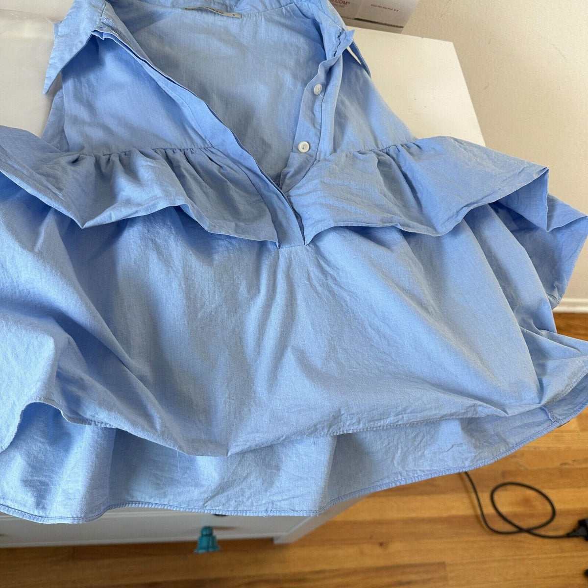 Chic Light Denim Blue Ruffled Cold Shoulder Half Front Button Flowy Blouse Small